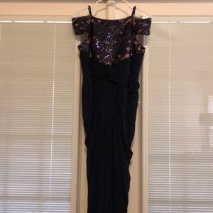 Navy blue lace gown.